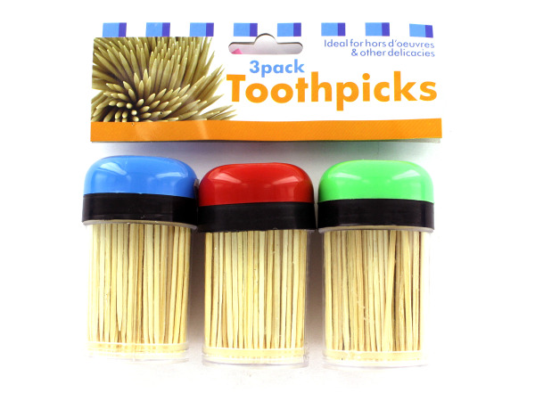 Three toothpick holders and toothpicks